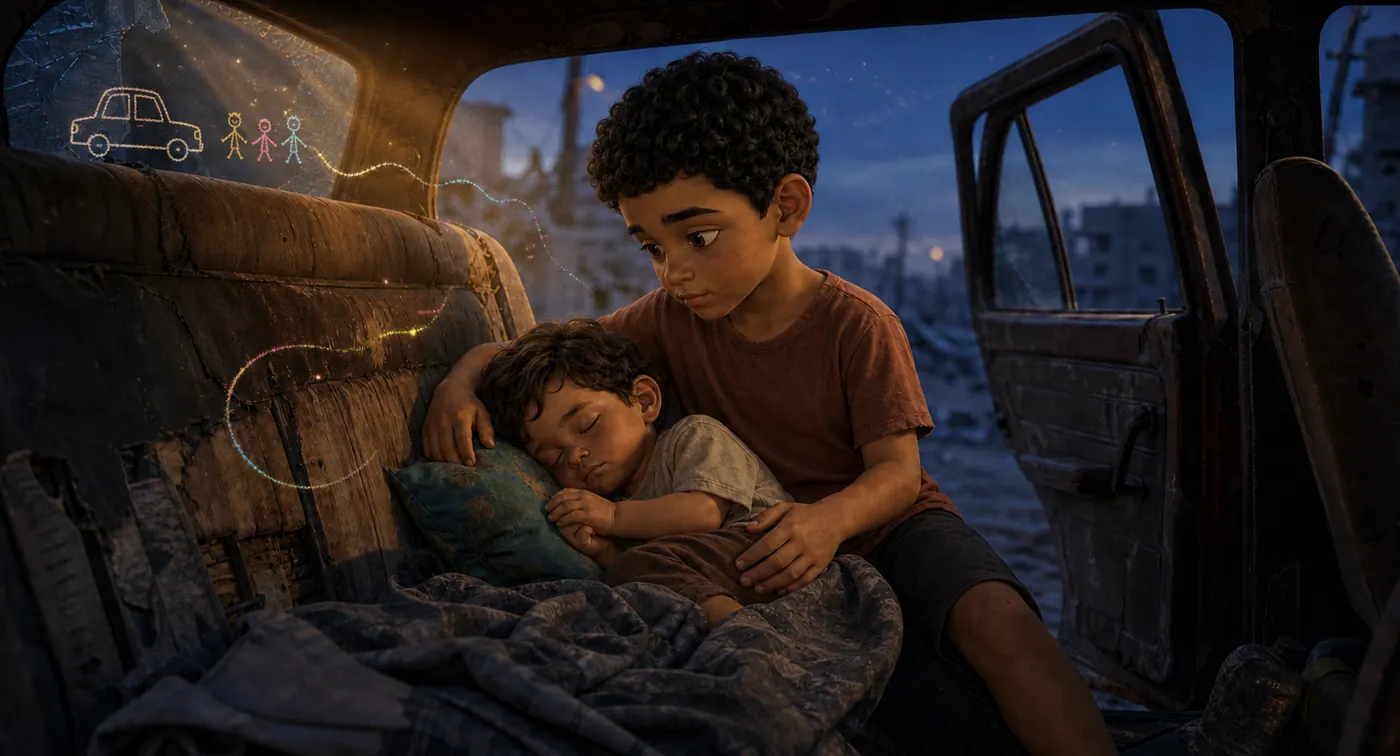 Cinematic keyframe of two brothers sheltering inside a damaged car for Fireworks